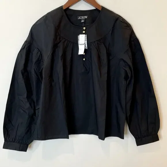 J.Crew Shirred Popover Top Cotton Poplin Long Sleeve Office Date CI522 Black XXS - Picture 3 of 15